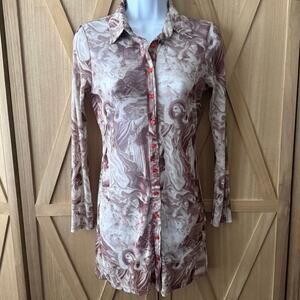Urban Outfitters Brown Printed Angel Mesh Button Up Shirt Dress Size XS